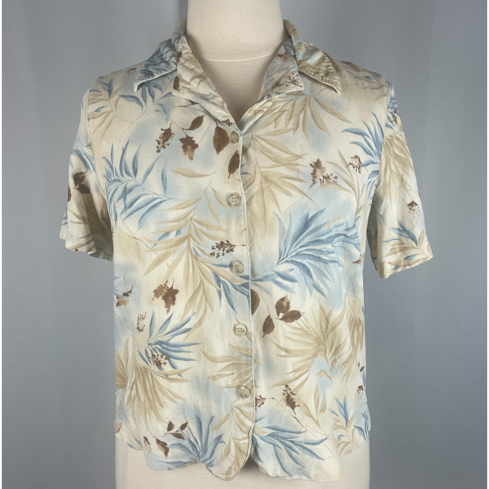 Alfred Dunner Casual Top Plus Size 16W Cream Blue Palm Leaf Cropped Boho Linen